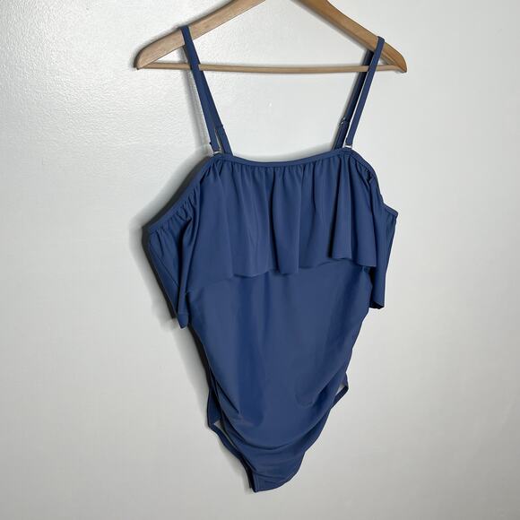 Pink Blush Womens One Piece Swimsuit 1X Blue Ruffle Trim Ruched Maternity - Picture 4 of 13